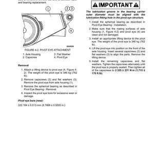May include: Diagram of pivot eye repair with labeled parts: axle housing, capscrew, flat washer, and pivot eye. Includes instructions for removal and installation, with measurements in inches and pounds.