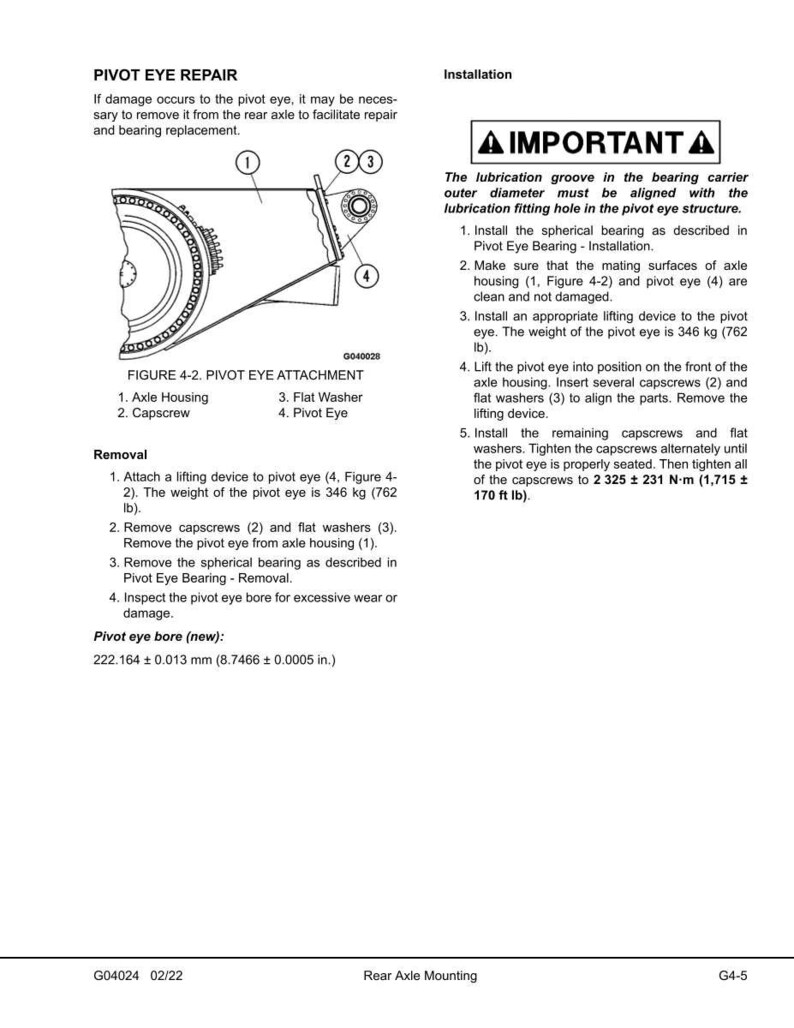 May include: Diagram of pivot eye repair with labeled parts: axle housing, capscrew, flat washer, and pivot eye. Includes instructions for removal and installation, with measurements in inches and pounds.