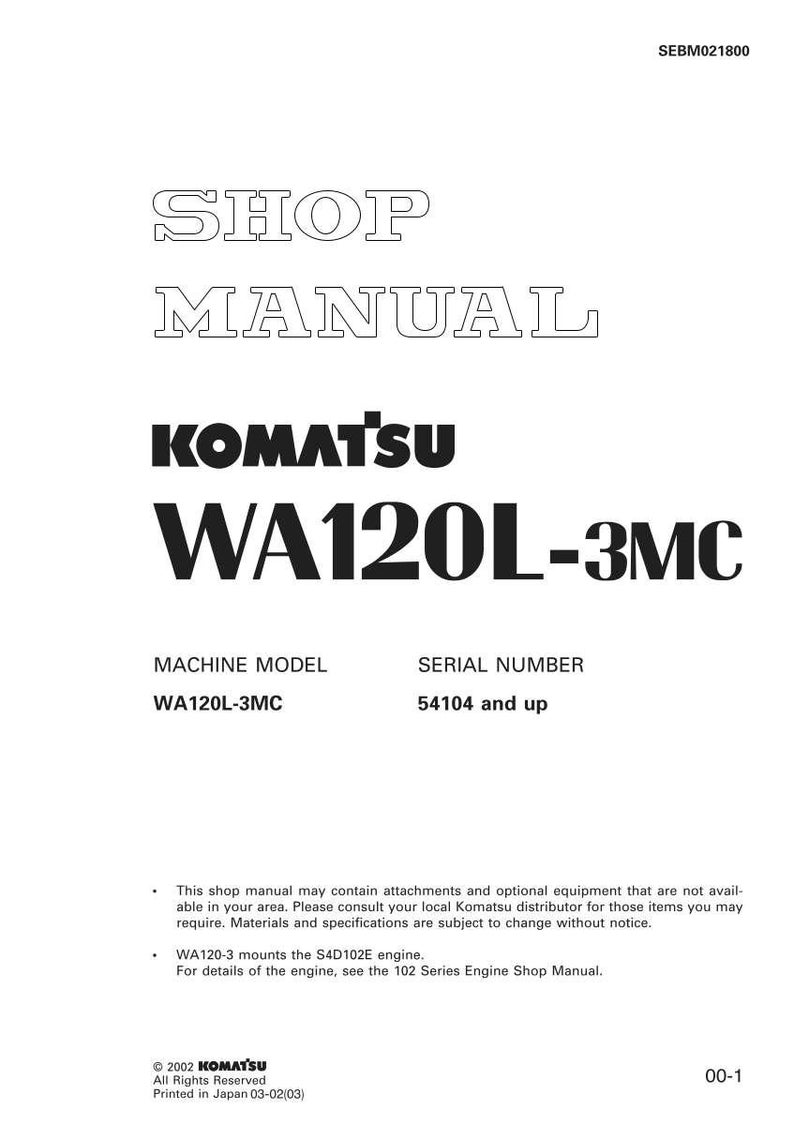 Puede incluir: Una portada de manual de taller blanca con el texto "SHOP MANUAL" en negrita y contorneado. El logotipo de KOMATSU y "WA120L-3MC" se muestran de forma destacada. Tambi&eacute;n se enumeran el modelo de m&aacute;quina y el n&uacute;mero de serie.
