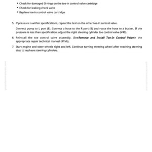 May include: White page with black text detailing instructions for adjusting a steering cylinder toe-in control valve. The text includes steps for checking and replacing parts, and also mentions pressure specifications in kPa, bar, and psi. The page has the website greenfarmmanuals.com.