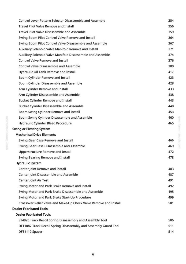 K&ouml;nnte beinhalten: Eine wei&szlig;e Seite aus einem Handbuch mit einer Liste von Verfahren zur Maschinenreparatur. Der Text enth&auml;lt Begriffe wie "Demontieren und montieren", "Entfernen und installieren" und "Hydrauliksystem". Die Seitenzahl ist 6.
