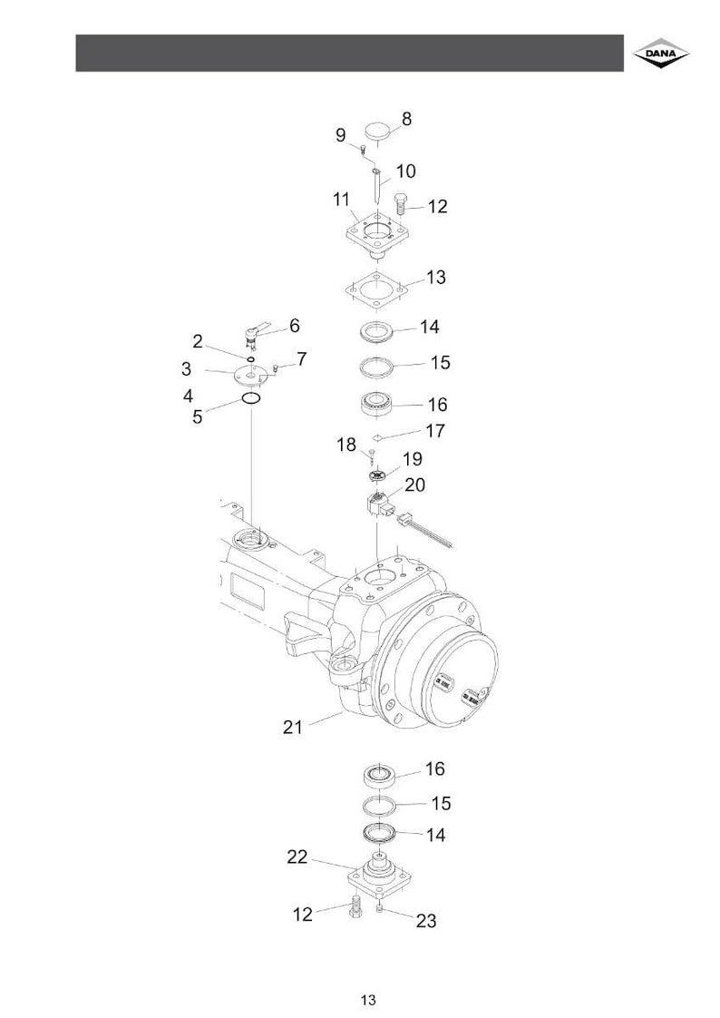 May include: An exploded diagram of mechanical components, likely for a vehicle axle. The image shows various parts, including bolts, seals, and housings, with numbered labels for identification. The DANA logo is visible.