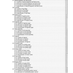 May include: A detailed table of contents from a technical manual, listing various engine components and their specifications. The document includes sections on fuel systems, injection pipes, and sensors, with page numbers for each item.