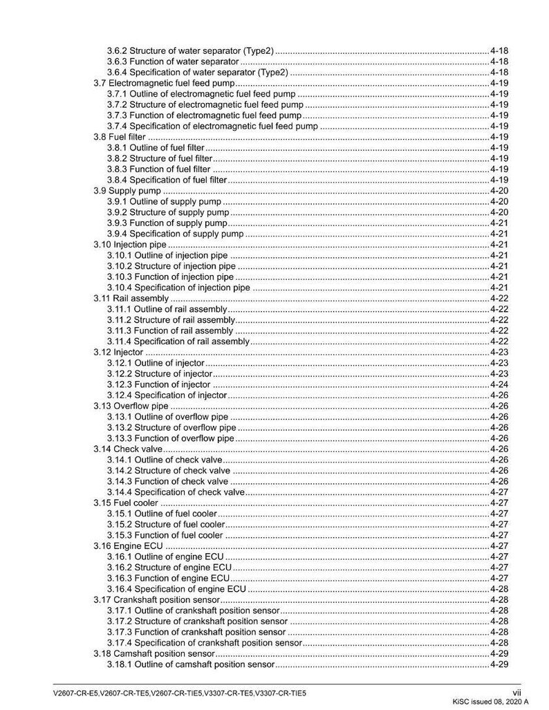 May include: A detailed table of contents from a technical manual, listing various engine components and their specifications. The document includes sections on fuel systems, injection pipes, and sensors, with page numbers for each item.