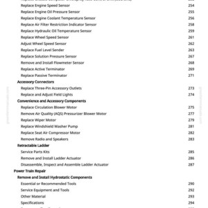 May include: A page from a manual with a list of automotive repair procedures. The text includes items like "Replace Engine Oil Pressure Sensor" and "Remove Radio and Speakers". The page numbers are visible on the right.