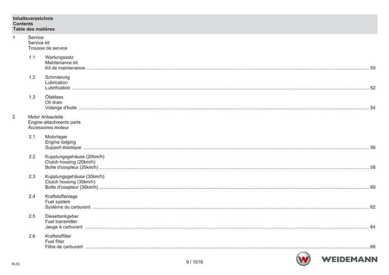 May include: A white page featuring a table of contents in German, English, and French. The table lists service, engine components, and fuel system topics. The Weidemann logo is in the bottom right corner.