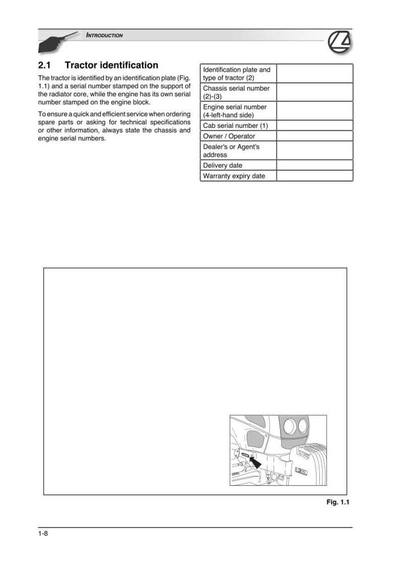 K&ouml;nnte beinhalten: Eine Seite aus einem Handbuch mit dem Titel &bdquo;Traktoridentifizierung&ldquo;. Der Text erkl&auml;rt, wie man einen Traktor anhand eines Typenschilds und Seriennummern identifiziert. Enth&auml;lt eine Diagramm eines Traktors.