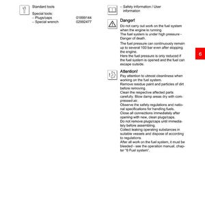 Pu&ograve; includere: Un diagramma tecnico di Deutz che illustra la rimozione e l'installazione dei tubi del carburante, comprese le informazioni di sicurezza e le avvertenze. Il documento include un elenco di strumenti speciali e numeri di parte.