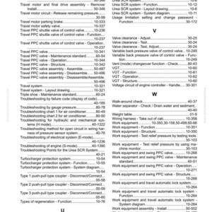 May include: A page from an index, likely a manual, with a list of terms and page numbers. The text includes entries related to travel motors, valves, and troubleshooting procedures. The page is from komatsumanual.com.