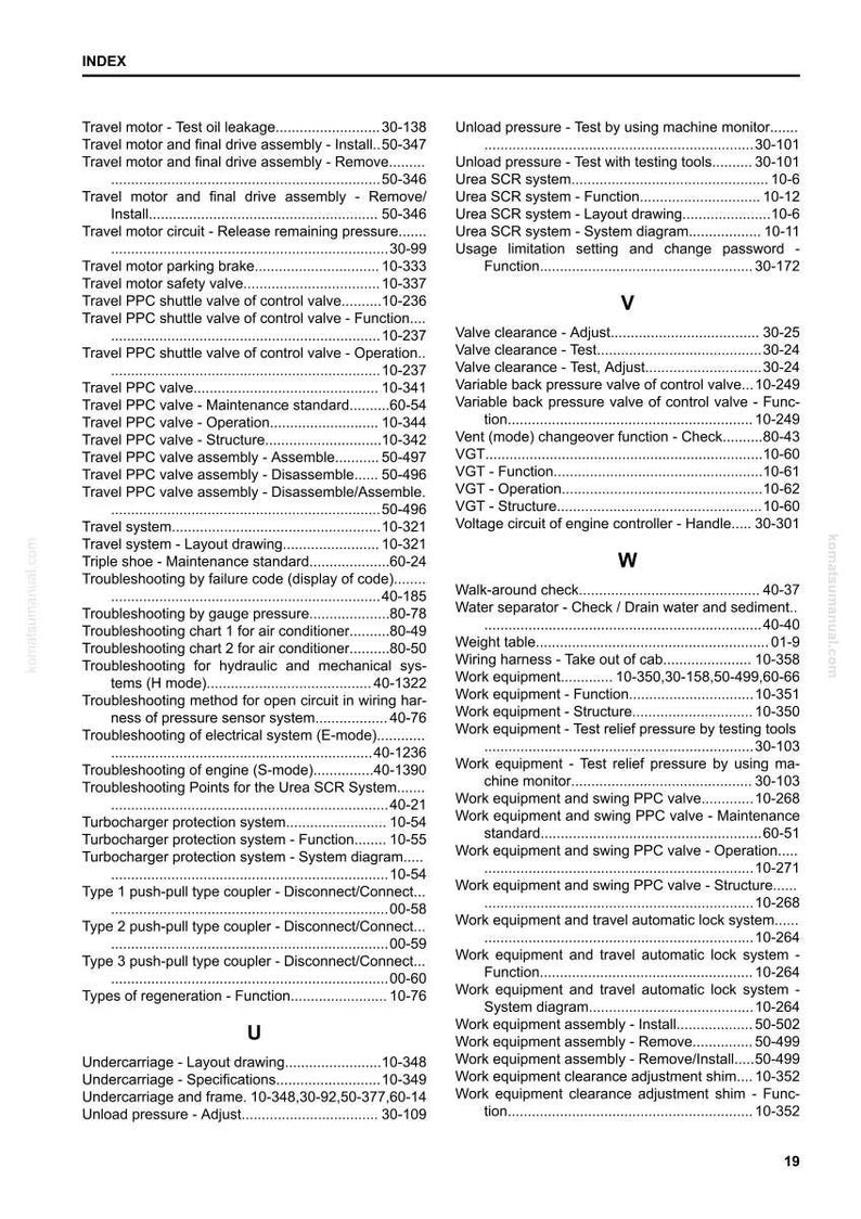 May include: A page from an index, likely a manual, with a list of terms and page numbers. The text includes entries related to travel motors, valves, and troubleshooting procedures. The page is from komatsumanual.com.