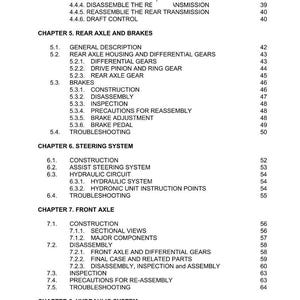 Op de afbeelding: Een servicehandleiding met een inhoudsopgave. De handleiding heet "MF1640E SERVICE MANUAL" en bevat secties over de voorste transmissie, achteras, remmen, stuursysteem, vooras en hydraulisch systeem.