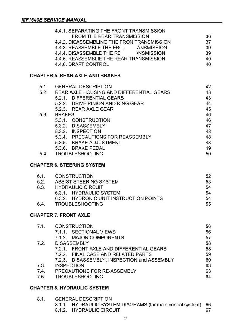 Op de afbeelding: Een servicehandleiding met een inhoudsopgave. De handleiding heet "MF1640E SERVICE MANUAL" en bevat secties over de voorste transmissie, achteras, remmen, stuursysteem, vooras en hydraulisch systeem.