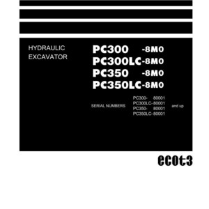 Op de afbeelding: Een zwart-wit shop manual cover met de tekst "Shop Manual" bovenaan. De handleiding vermeldt de modellen PC300, PC300LC, PC350 en PC350LC voor hydraulische graafmachines. Het Komatsu-logo staat onderaan.