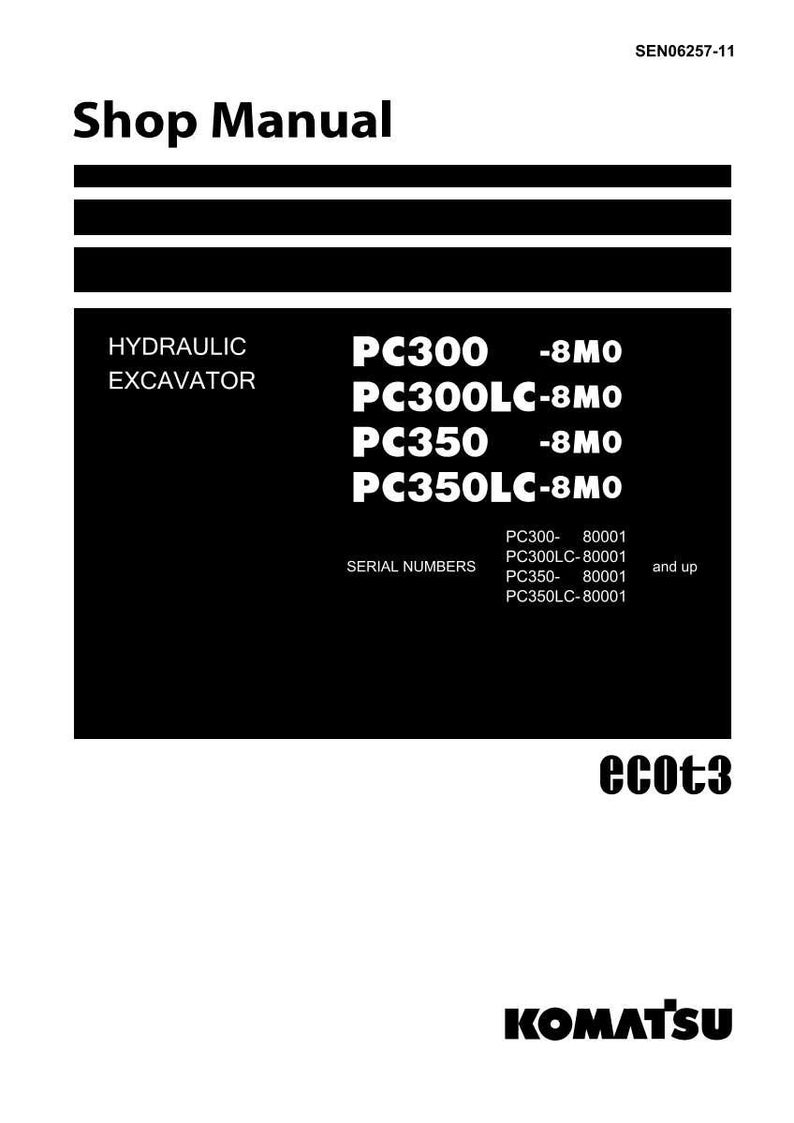 Op de afbeelding: Een zwart-wit shop manual cover met de tekst "Shop Manual" bovenaan. De handleiding vermeldt de modellen PC300, PC300LC, PC350 en PC350LC voor hydraulische graafmachines. Het Komatsu-logo staat onderaan.