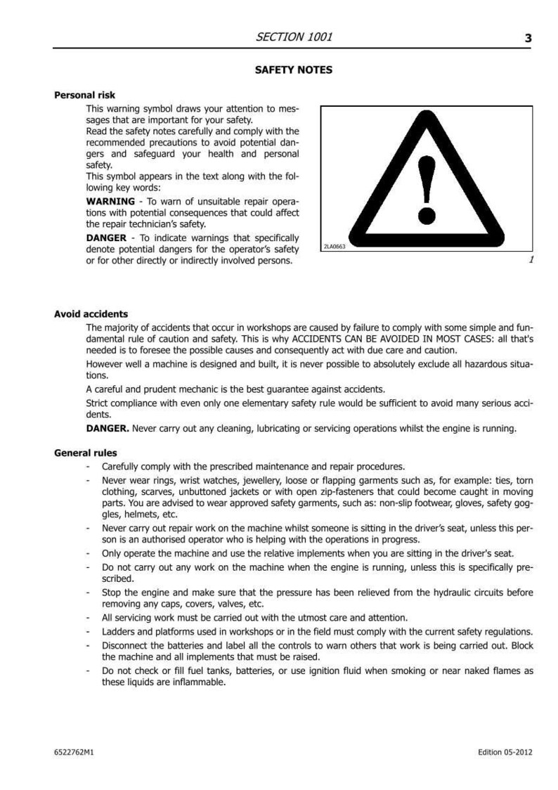 May include: Safety information document with the title "SECTION 1001 SAFETY NOTES". The document includes a warning symbol, a black triangle with an exclamation point, and text about safety precautions and avoiding accidents in a workshop setting.