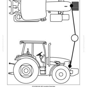 Pu&ograve; includere: Disegno al tratto di un trattore, che mostra viste dall'alto e laterali. La vista laterale mostra la cabina, le ruote e il tubo di scarico. La vista dall'alto mostra la carrozzeria e gli accessori del trattore. Il testo "PY14169-UN: H01 Location Overview" &egrave; in basso.