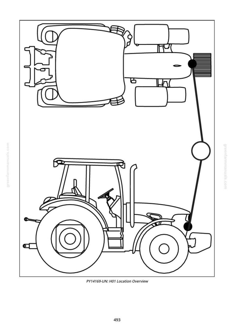 Pu&ograve; includere: Disegno al tratto di un trattore, che mostra viste dall'alto e laterali. La vista laterale mostra la cabina, le ruote e il tubo di scarico. La vista dall'alto mostra la carrozzeria e gli accessori del trattore. Il testo "PY14169-UN: H01 Location Overview" &egrave; in basso.