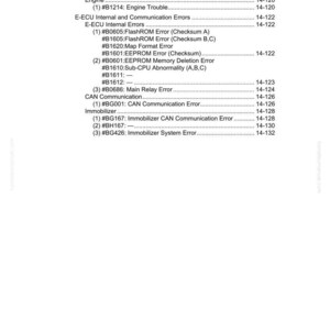 May include: A detailed table of failure codes and general descriptions, including actuator, engine, and communication errors. The text is in black font on a white background, with page numbers.