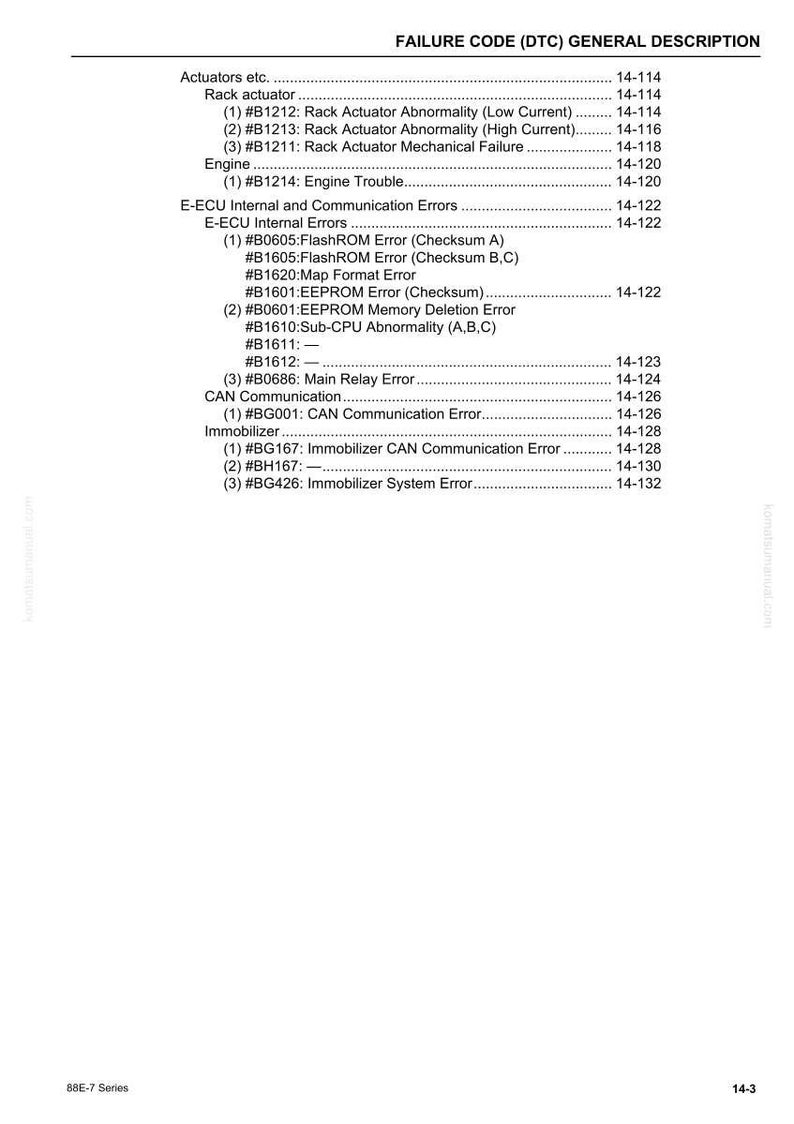 May include: A detailed table of failure codes and general descriptions, including actuator, engine, and communication errors. The text is in black font on a white background, with page numbers.