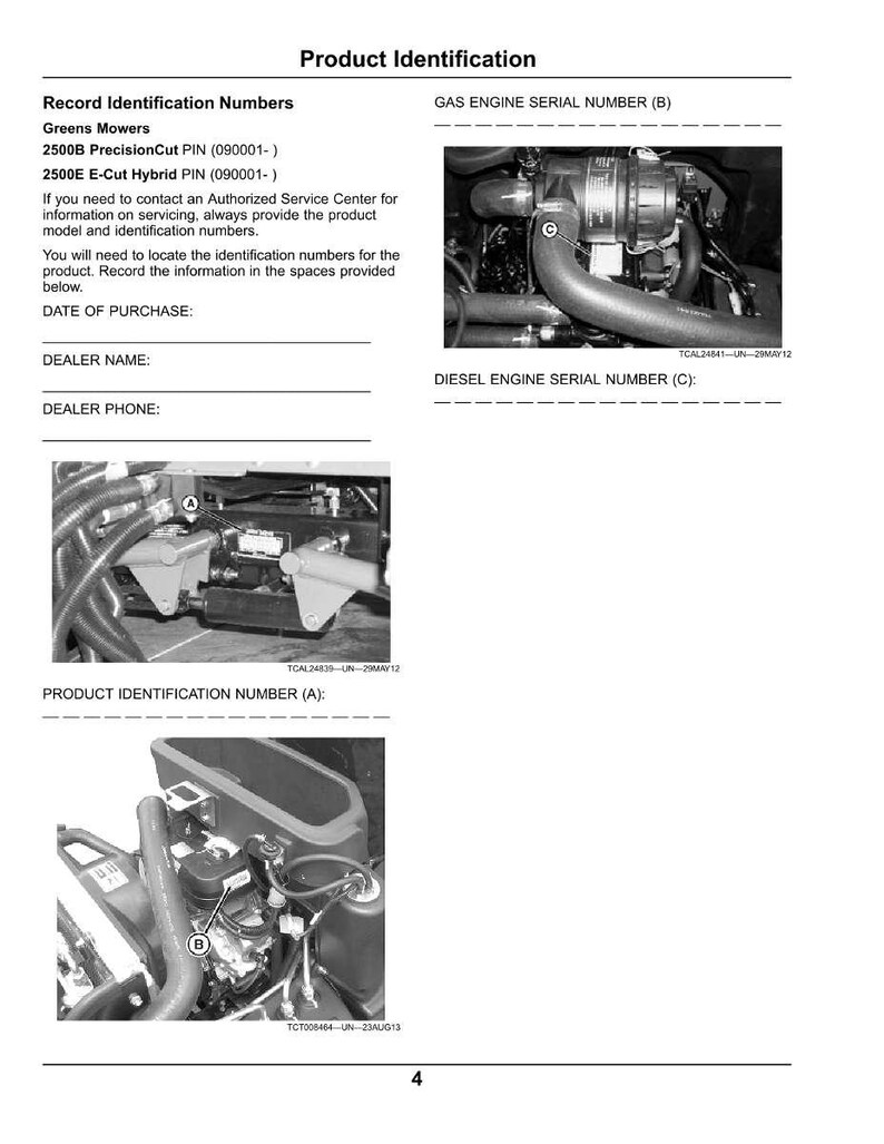 May include: Product identification document for Greens Mowers, featuring diagrams of engine components and spaces to record identification numbers. Includes text for the date of purchase, dealer name, and dealer phone.