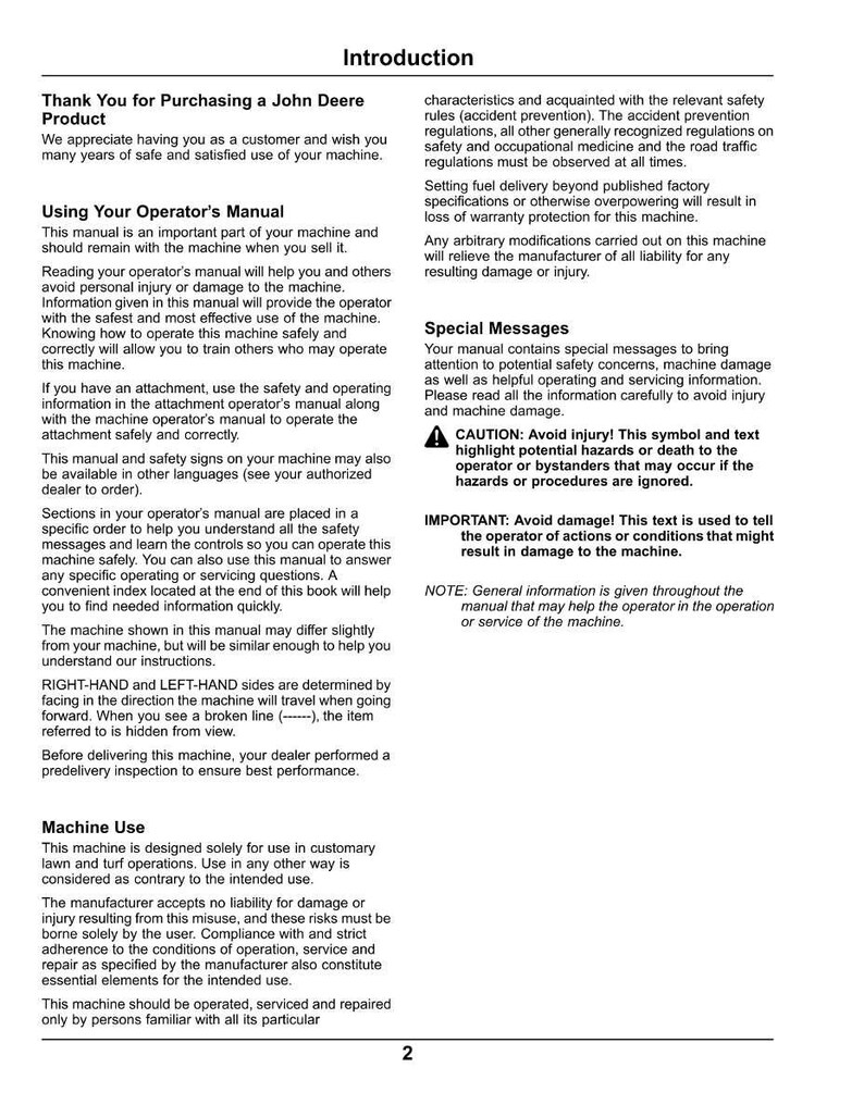 May include: A page from a John Deere operator's manual, featuring the "Introduction" section. The text includes safety warnings, instructions for machine use, and important messages. The page is white with black text and a small graphic.