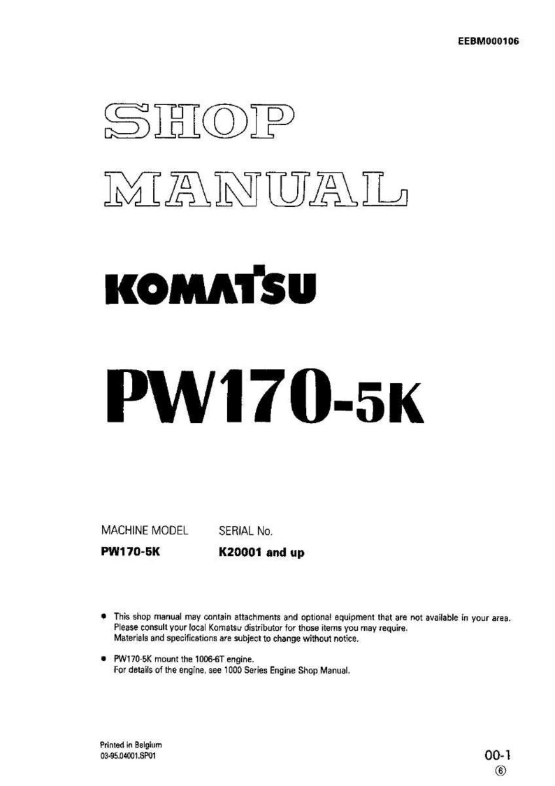 K&ouml;nnte beinhalten: Ein wei&szlig;es Werkstatthandbuch mit dem Text "SHOP MANUAL" und "KOMATSU PW170-5K" in Schwarz. Das Dokument enth&auml;lt Informationen zu Maschinenmodell und Seriennummer. Das Handbuch ist in Belgien gedruckt.