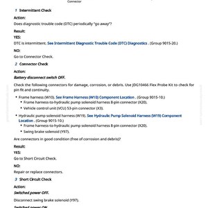 May include: A page from a repair manual with a legend and troubleshooting steps. The text includes instructions for intermittent checks, connector checks, and short circuit checks, with references to specific components and connectors.