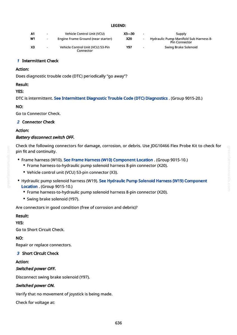 May include: A page from a repair manual with a legend and troubleshooting steps. The text includes instructions for intermittent checks, connector checks, and short circuit checks, with references to specific components and connectors.