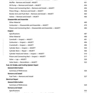 May include: A detailed table of contents from a manual, listing engine repair procedures. Sections include Governor components, Muffler, Oil Pump, Piston, Valves, and Fuel System repair. Page numbers are listed on the right.