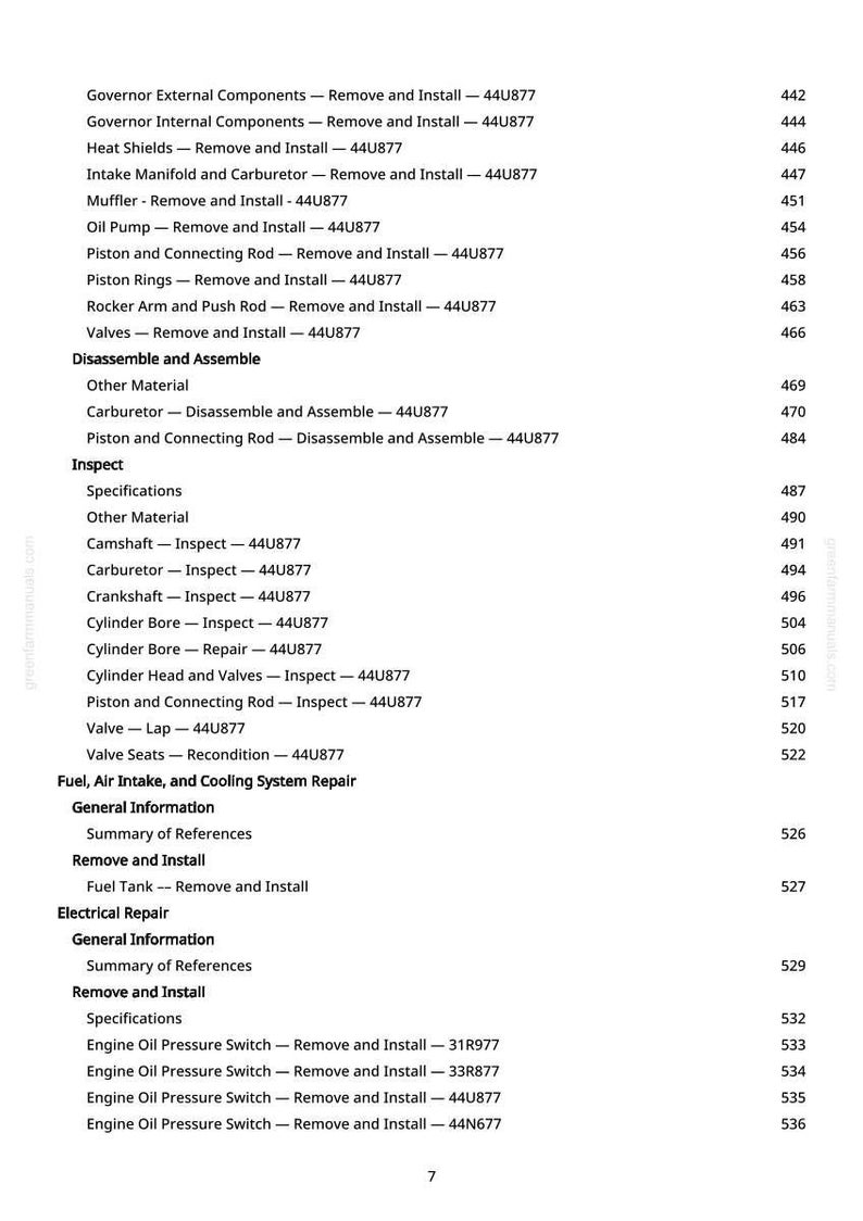 May include: A detailed table of contents from a manual, listing engine repair procedures. Sections include Governor components, Muffler, Oil Pump, Piston, Valves, and Fuel System repair. Page numbers are listed on the right.