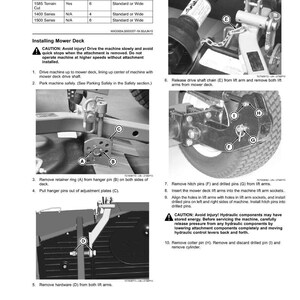 K&ouml;nnte beinhalten: Eine Anleitung mit dem Titel "Installieren" mit Diagrammen und Text, die die Installation eines M&auml;hdecks detailliert beschreibt. Die Seite enth&auml;lt eine Tabelle mit Modellinformationen und Sicherheitshinweisen. Die Diagramme zeigen verschiedene Teile und Montageschritte.