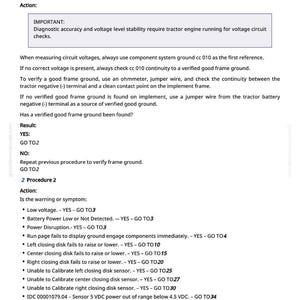 May include: A page from a manual titled "TruSet Closing Disks Depth Control Electrical Diagnostic." The text details procedures, actions, and diagnostic steps for electrical systems, including voltage checks and troubleshooting.