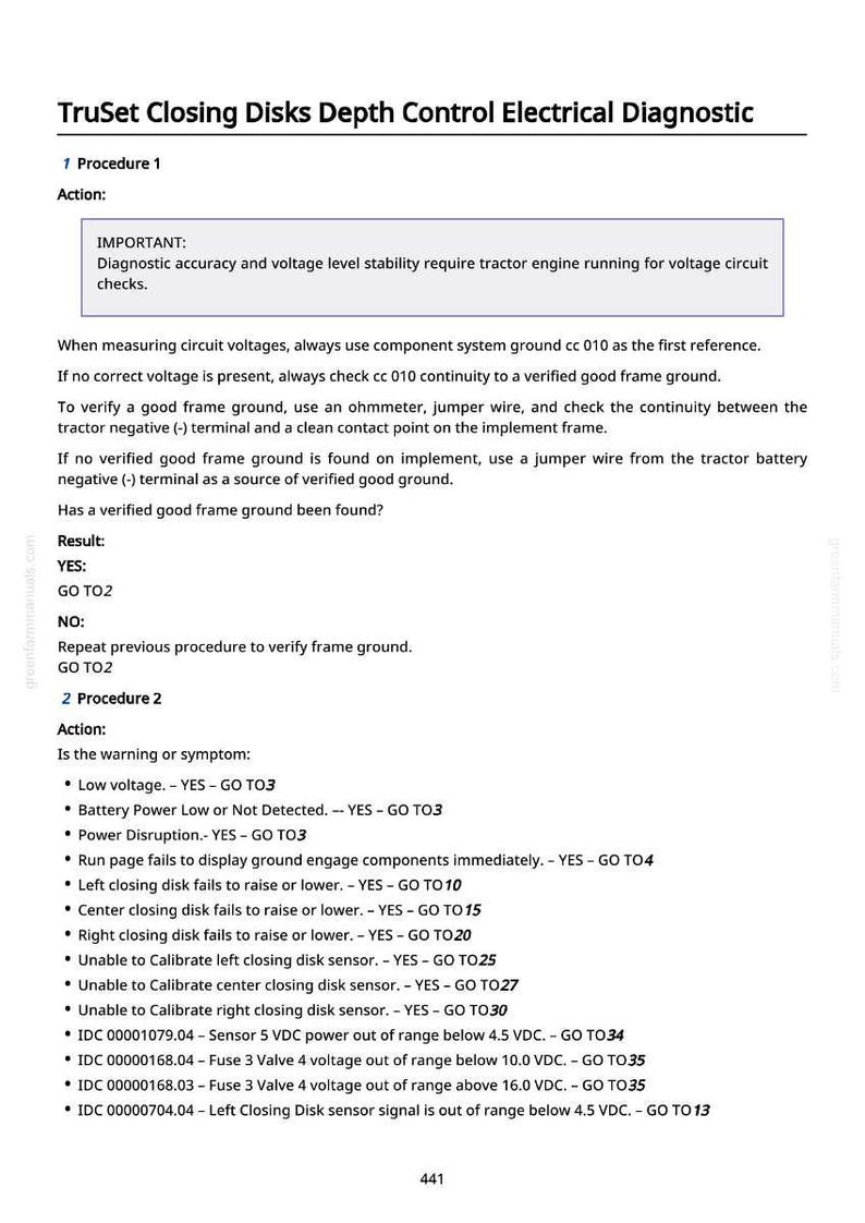 May include: A page from a manual titled "TruSet Closing Disks Depth Control Electrical Diagnostic." The text details procedures, actions, and diagnostic steps for electrical systems, including voltage checks and troubleshooting.