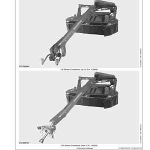 Puede incluir: Dos im&aacute;genes en escala de grises de una John Deere 730 Mower-Conditioner. La imagen superior muestra la segadora hasta S.N. 129999, y la imagen inferior muestra la segadora a partir de S.N. 130000. Las im&aacute;genes est&aacute;n etiquetadas como "Identification Views."