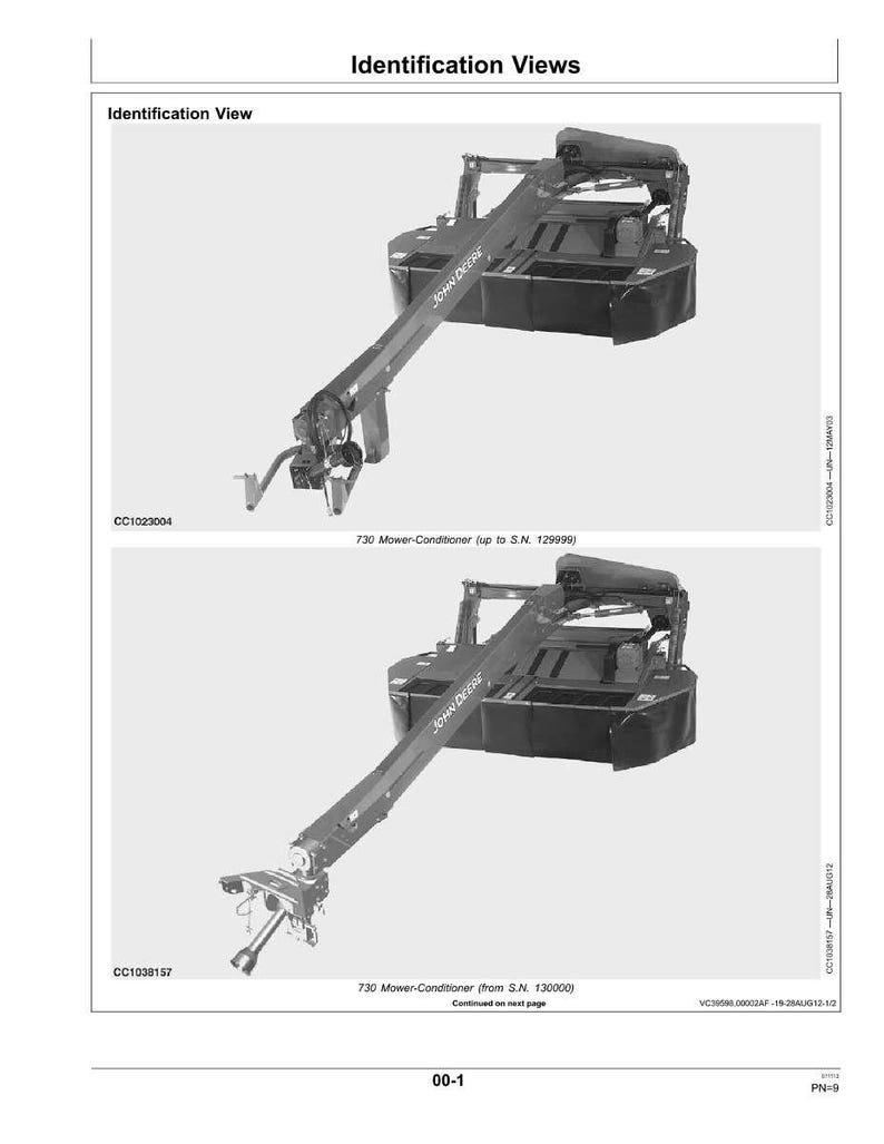 Puede incluir: Dos im&aacute;genes en escala de grises de una John Deere 730 Mower-Conditioner. La imagen superior muestra la segadora hasta S.N. 129999, y la imagen inferior muestra la segadora a partir de S.N. 130000. Las im&aacute;genes est&aacute;n etiquetadas como "Identification Views."
