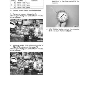 May include: A technical diagram detailing engine oil pressure testing. The image includes a gauge, nipples, and other engine components. Text provides instructions for testing and adjusting the engine's oil pressure.