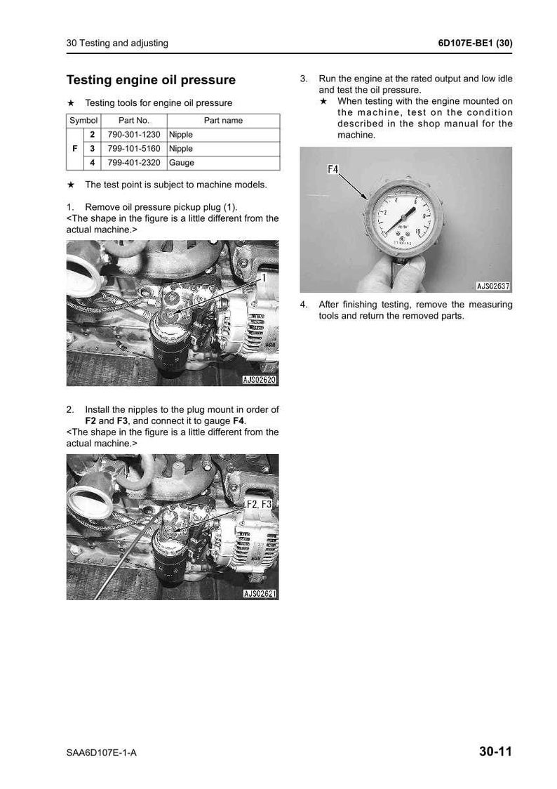 May include: A technical diagram detailing engine oil pressure testing. The image includes a gauge, nipples, and other engine components. Text provides instructions for testing and adjusting the engine's oil pressure.