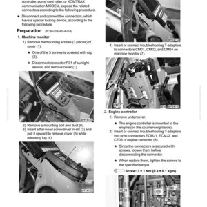 Op de afbeelding: Technisch diagram met instructies voor het oplossen van problemen met een elektrisch systeem. De afbeelding toont close-ups van machineonderdelen, connectoren en diagrammen met labels en pijlen. Tekst bevat stappen voor het los- en aansluiten.