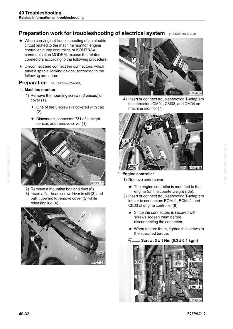 Op de afbeelding: Technisch diagram met instructies voor het oplossen van problemen met een elektrisch systeem. De afbeelding toont close-ups van machineonderdelen, connectoren en diagrammen met labels en pijlen. Tekst bevat stappen voor het los- en aansluiten.