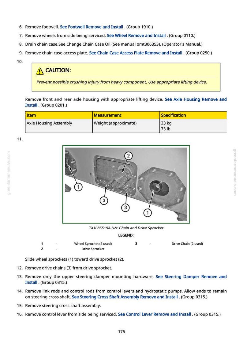 May include: A page from a manual with instructions for removing and installing parts. Includes a caution notice, a table with measurements, and diagrams of components like wheel sprockets and drive chains. The axle housing assembly weighs approximately 73 lbs.