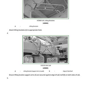 K&ouml;nnte beinhalten: Diagramm von Hebeb&uuml;geln und Kabinenkomponenten, mit den Bezeichnungen A und B. Der Text weist darauf hin, dass die B&uuml;gel an einem Hebezeug befestigt und die St&uuml;tzarme am Kabinendachrand befestigt werden.
