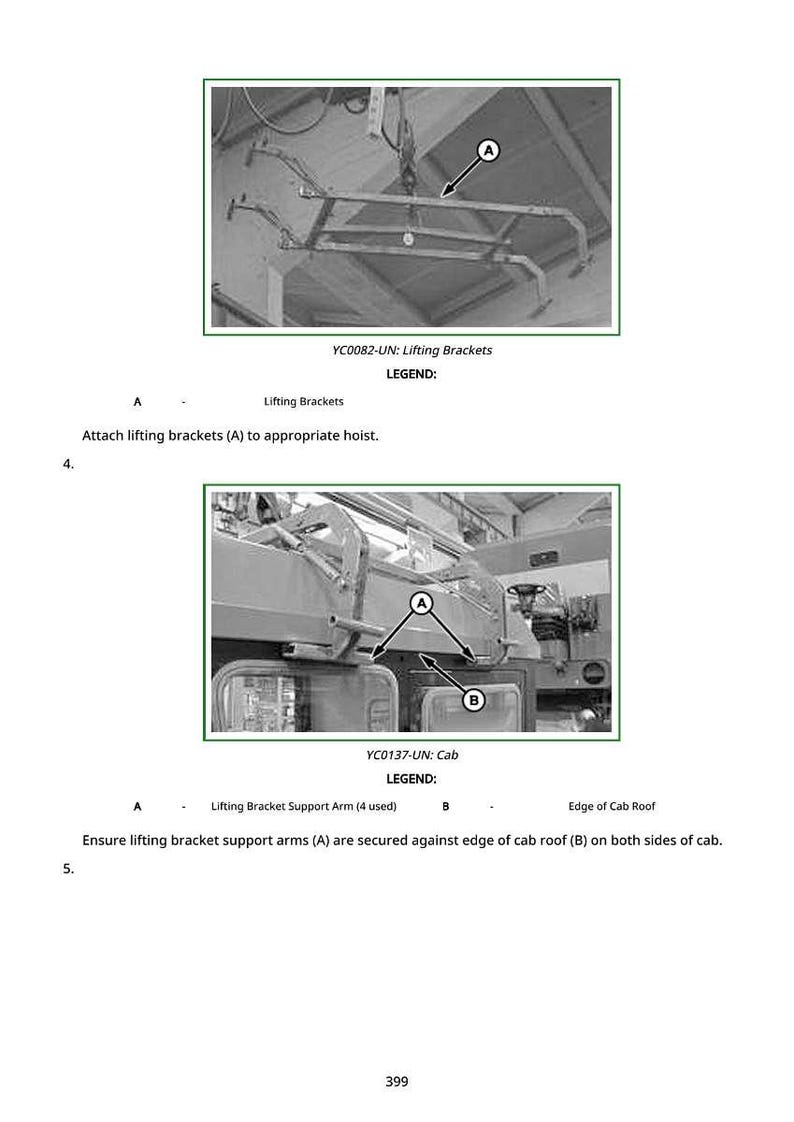 K&ouml;nnte beinhalten: Diagramm von Hebeb&uuml;geln und Kabinenkomponenten, mit den Bezeichnungen A und B. Der Text weist darauf hin, dass die B&uuml;gel an einem Hebezeug befestigt und die St&uuml;tzarme am Kabinendachrand befestigt werden.