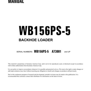 Może przedstawiać: Biała instrukcja warsztatowa z czarnym tekstem. Tytuł "SHOP MANUAL" znajduje się na g&oacute;rze, a następnie "WB156PS-5 BACKHOE LOADER". Obecne są r&oacute;wnież numery seryjne i informacje o prawach autorskich. Dokument jest wydrukowany w USA.