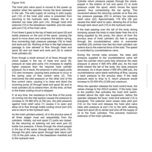 May include: A page from a Komatsu manual, CEN10002-03, detailing the structure and functions of a hydraulic system. The text describes the power-up operation, including the hoist pilot valve spool and cylinder return pressure, with diagrams.