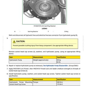 Pu&ograve; includere: Schema tecnico di un gruppo pompa idrostatica con un fermo anello di tenuta e un O-ring. L'immagine include un avvertimento sui possibili infortuni da schiacciamento e specifiche per il peso: 38 kg, e la coppia: 230 N&middot;m.