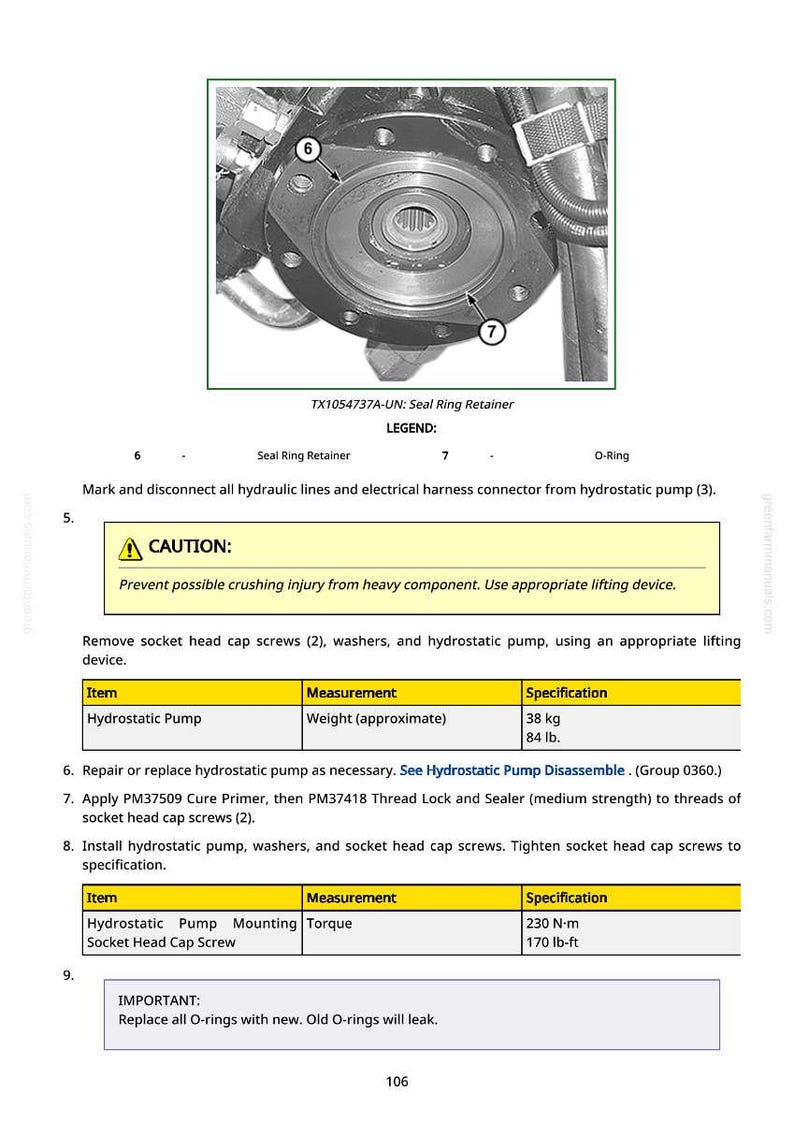 Pu&ograve; includere: Schema tecnico di un gruppo pompa idrostatica con un fermo anello di tenuta e un O-ring. L'immagine include un avvertimento sui possibili infortuni da schiacciamento e specifiche per il peso: 38 kg, e la coppia: 230 N&middot;m.