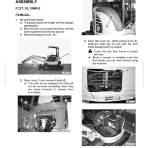 May include: A detailed diagram from a manual, showing the removal and installation of a radiator and hydraulic oil cooler assembly. Includes images of the machinery and instructions for PC27, 30, and 35MR-2 models.
