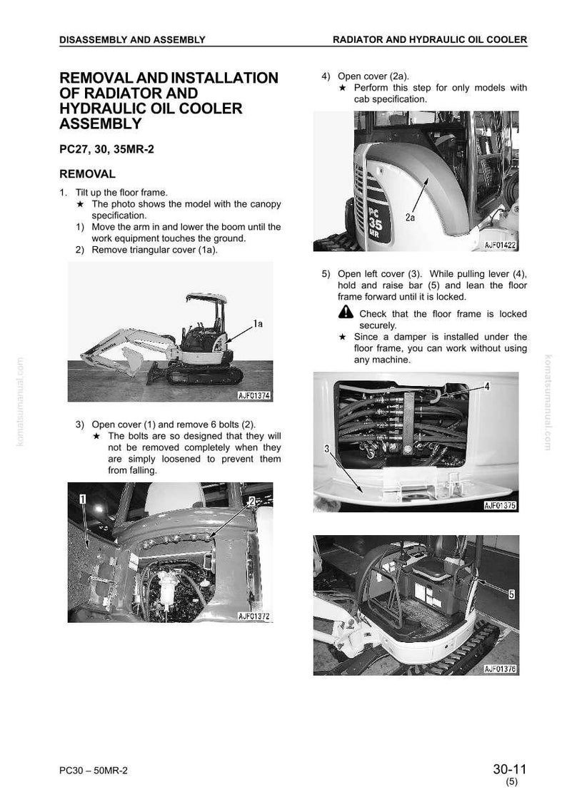 May include: A detailed diagram from a manual, showing the removal and installation of a radiator and hydraulic oil cooler assembly. Includes images of the machinery and instructions for PC27, 30, and 35MR-2 models.
