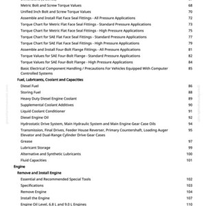 May include: A detailed table of contents from a manual, listing topics such as engine repair, fuel, lubricants, coolant, and capacities. The text is in black font on a white background. The page number is 3.