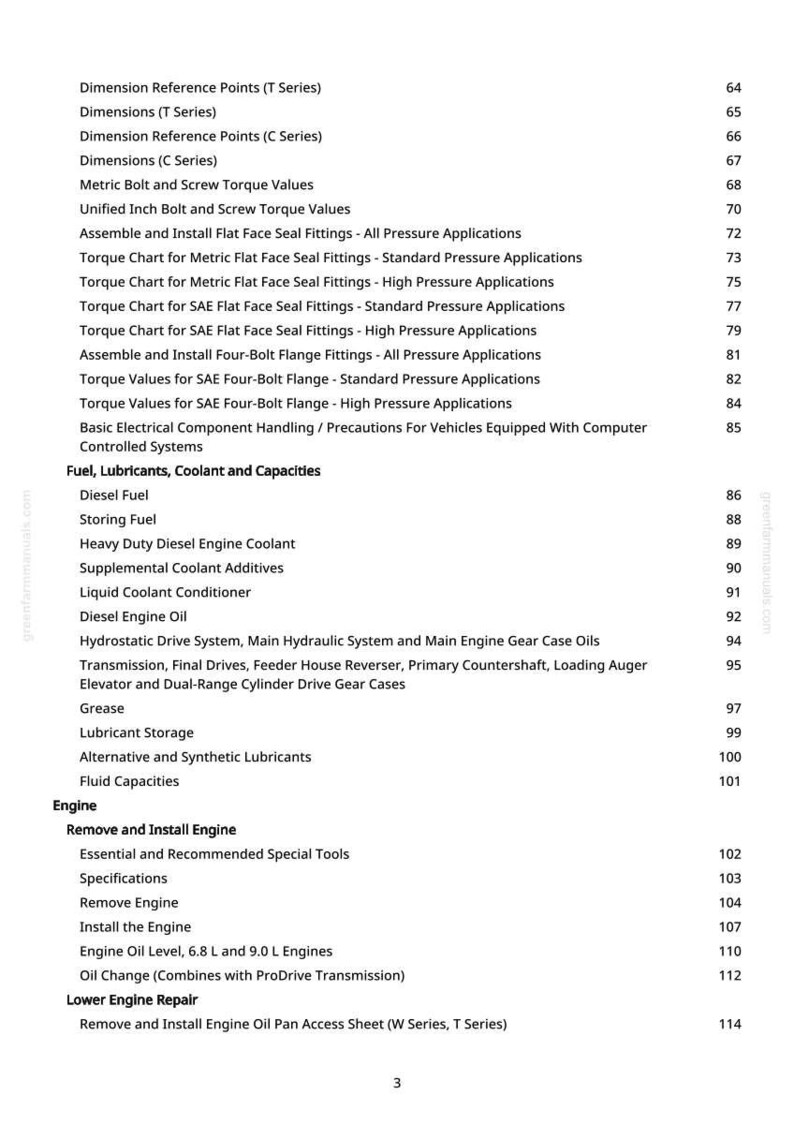 May include: A detailed table of contents from a manual, listing topics such as engine repair, fuel, lubricants, coolant, and capacities. The text is in black font on a white background. The page number is 3.